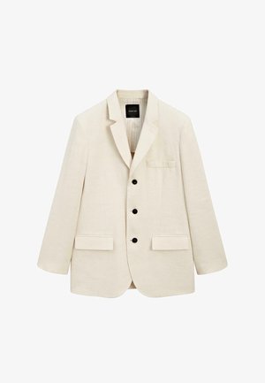 Cream-colored men's blazer with three black buttons, notch lapel, two flap pockets, and one chest pocket, displayed on white background.
