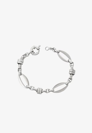 Ezüst karkötő ovális láncszemekkel és texturált díszítésekkel, fényes felülettel és biztonságos csattal. Egyszerű dizájn elemek.