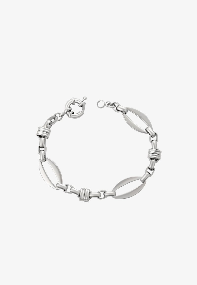Stříbrný náramek s oválnými články a texturovanými akcenty, s lesklým povrchem a bezpečnou sponou. Jednoduché designové prvky.