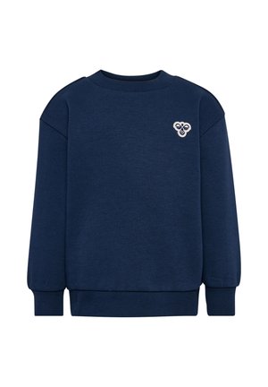 Marineblaues Sweatshirt mit Rundhalsausschnitt und gerippten Bündchen. Verfügt über ein gesticktes Logo auf der Brust. Hergestellt aus einem weichen, strukturierten Stoff.