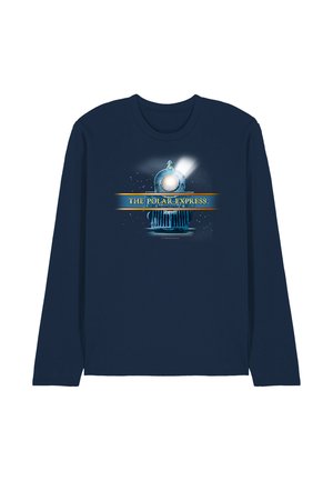 Navy long-sleeve shirt featuring a glowing front-facing train with "THE POLAR EXPRESS" text across the middle.