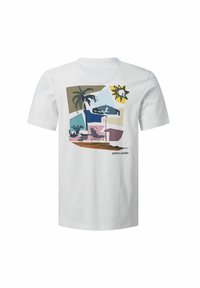 Weißes Baumwoll-T-Shirt mit einem bunten Grafikdruck von Palmen, einer Sonne und einem Stuhl. Das Design verwendet Pastellfarben und hat einen lässigen Schnitt.