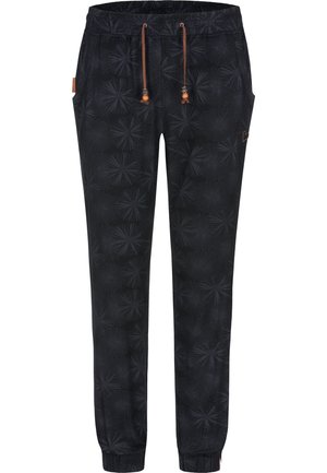 Pantalon de jogging noir avec motif floral subtil, taille élastique avec cordon marron, poches latérales et poignets élastiques.