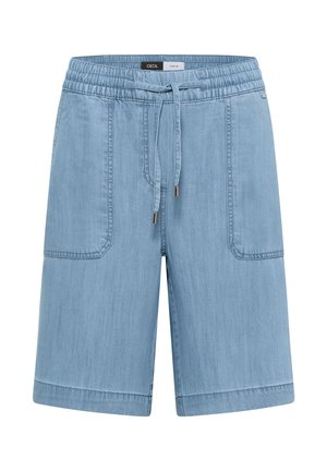 Short en denim bleu clair avec taille élastique, cordon ajustable, deux poches avant plaquées et ourlet à hauteur du genou.