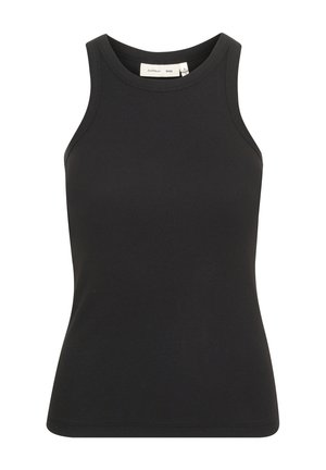 Musta ribattu hihaton toppi, jossa on pyöreä kaula-aukko. Ominaisuuksiin kuuluu muotoiltu malli ja sileä pinta. Tunnus näkyy sisältä.