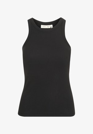 Black ribbed tank top with a round neckline and no sleeves. Features a fitted design and a smooth texture. Tag visible inside.