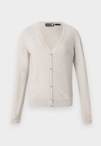Ljusbeige cardigan, lätt stickad, V-ringning, långa ärmar, femknappsstängning, ribbade muddar och nederdel, liten logodetalj på bröstet.