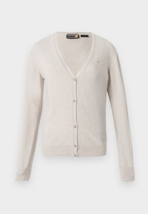 Lichtbeige cardigan, lichtgewicht breiwerk, V-hals, lange mouwen, vijfknopen-sluiting, ribgebreide manchetten en onderrand, klein logo detail op de borst.