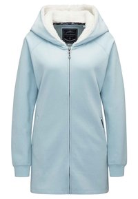 Chaqueta con capucha de color azul claro y cierre de cremallera, con un suave forro de piel sintética blanca y bolsillos laterales. Fabricada con un material suave y cálido.