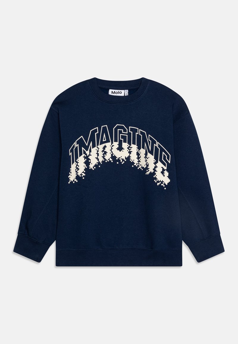 Felpa blu navy in cotone, con grande testo "IMAGINE" in avorio con effetto gradiente pixelato. Collo girocollo e maniche lunghe.