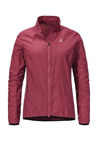 Leichte, kastanienrote Jacke mit hohem Kragen, durchgehendem Reißverschluss und zwei seitlichen, mit Reißverschluss versehenen Taschen. Sie hat eine glatte Textur und eine taillierte Passform.