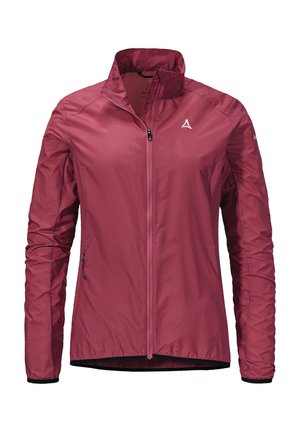 Leichte, kastanienrote Jacke mit hohem Kragen, durchgehendem Reißverschluss und zwei seitlichen, mit Reißverschluss versehenen Taschen. Sie hat eine glatte Textur und eine taillierte Passform.