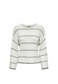 Kremowy sweter w szare poziome paski, lekka dzianina, okrągły dekolt i długie rękawy. Surowe wykończenia nadają teksturę.