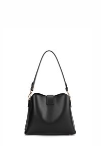 Borsa a mano in pelle nera con silhouette arrotondata, una singola tracolla regolabile e chiusura a pattina frontale. Texture liscia con accessori in metallo dorato.