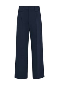 Navyblauwe wijde broek gemaakt van een zachte stof. Heeft een hoge taille met riemlussen en plissee's aan de voorkant voor een gestructureerde pasvorm.