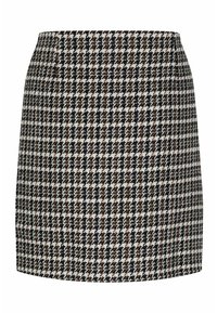 Jupe droite à motif pied-de-poule noir, blanc et marron, taille haute et courte.