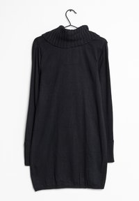 Schwarzer Rollkragenpullover aus weichem Stoff, mit geripptem Kragen und Bündchen, locker geschnitten und mit langen Ärmeln.