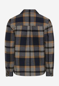 Flannel shirt featuring a checkered pattern in navy, grey, and brown. Long sleeves with button cuffs and a classic collar design.
