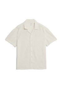 Chemise à manches courtes, boutonnée, en écru, avec un motif tricoté texturé et un col classique.