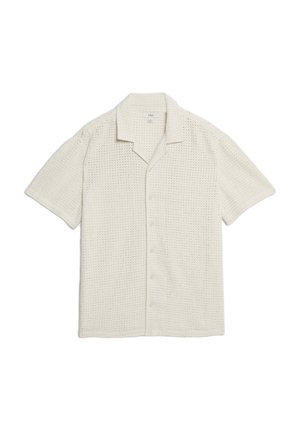 Korte mouwen, button-up overhemd in gebroken wit, met een textuur gebreid patroon en een klassieke kraagontwerp.