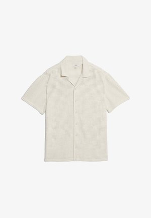 Kurzarm-Hemd mit Knöpfen in Cremefarbe, mit einem strukturierten Strickmuster und klassischem Kragen.