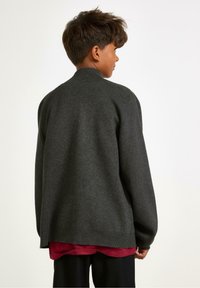 Mladý člověk s krátkými vlasy má na sobě tmavě šedý svetr přes červenou košili, stojí čelem k bílému pozadí.