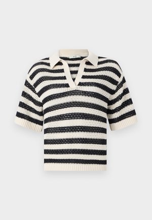 Striped knit polo sweater in cream and navy, featuring a V-neck, short sleeves, ribbed cuffs, and a textured open weave.