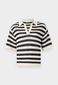 Sweter polo w paski w kolorze kremowym i granatowym, z dekoltem w serek, krótkimi rękawami, ściągaczami na mankietach oraz teksturowanym otwartym splotem.