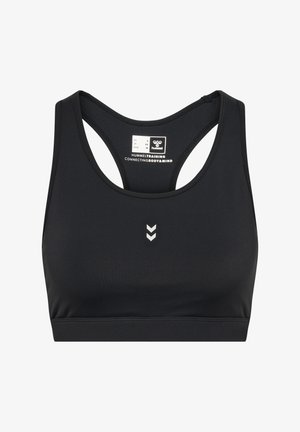 Schwarzer Sport-BH mit Racerback-Design, ausgestattet mit einer glatten Textur und einem kleinen weißen Chevron-Logo in der Mitte.