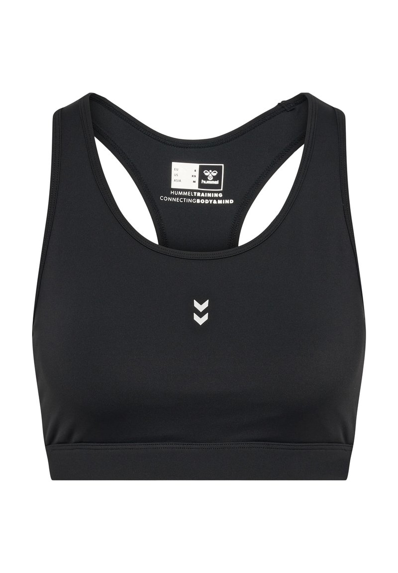 Top sportivo nero con design a schiena nuotatrice, caratterizzato da una texture liscia e un piccolo logo a forma di chevron bianco al centro.