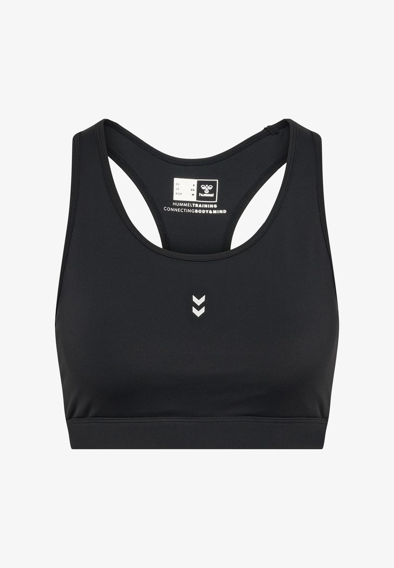 Top sportivo nero con design a schiena nuotatrice, caratterizzato da una texture liscia e un piccolo logo a forma di chevron bianco al centro.