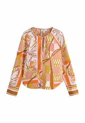Langärmlige Bluse mit abstraktem Blumen- und geometrischem Muster in Rosa-, Orange-, Braun- und Gelbtönen, mit rundem Ausschnitt und Knopfleiste vorne.