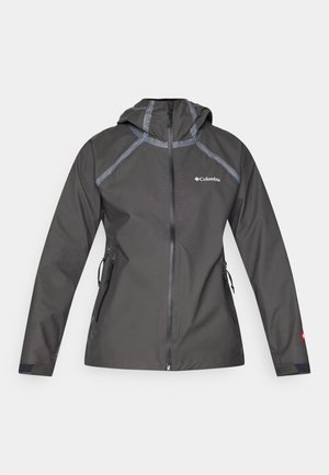 Mørkegrå vanntett jakke med hette, med sømdetaljer, glidelåslommer og logo på brystet. Teksturert stoff.