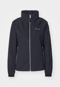 Navy waterproof jacket with a high collar, front zipper, side pockets, and elastic cuffs. Features branding on the chest and snug fit design.