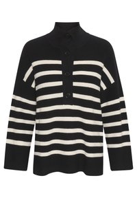 Pull en maille avec un col montant, des rayures horizontales noires et blanches, et trois boutons sur le devant. Texture douce avec des poignets côtelés.