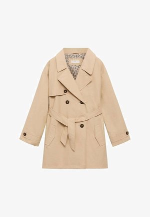 Beige trench coat with a double-breasted design, large lapels, two pockets, belted waist, and a floral patterned lining.