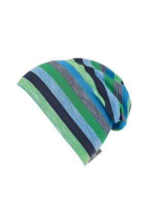 Mehrfarbige gestreifte Beanie-Mütze aus weicher Baumwolle, mit blauen, grünen und marineblauen Streifen; lässiges Design mit gerafftem Rücken.