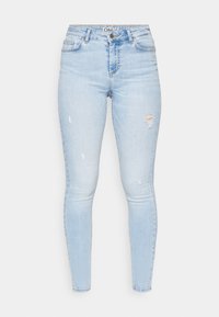 Jeans skinny de color azul claro con ligeros detalles desgastados en los muslos, estilo de cinco bolsillos y cierre frontal con botón.