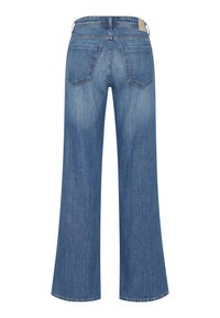 Jeans a gamba larga blu con un lavaggio chiaro, dotati di due tasche posteriori, vita alta e una texture in denim standard.