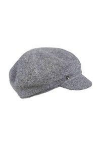 Gorra de lana gris con un diseño redondeado, un pequeño ala y un acento de logotipo metálico en el costado. Textura suave con un patrón moteado.