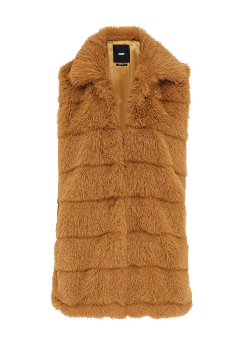Chaleco de pelo sintético marrón con un diseño texturizado y ondulado y un cuello. El interior está forrado con un material suave, que potencia la calidez y la comodidad.