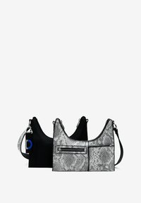 Two handbags featuring a black leather body and a silver-gray faux snakeskin pattern. Both have adjustable straps and zip pockets.