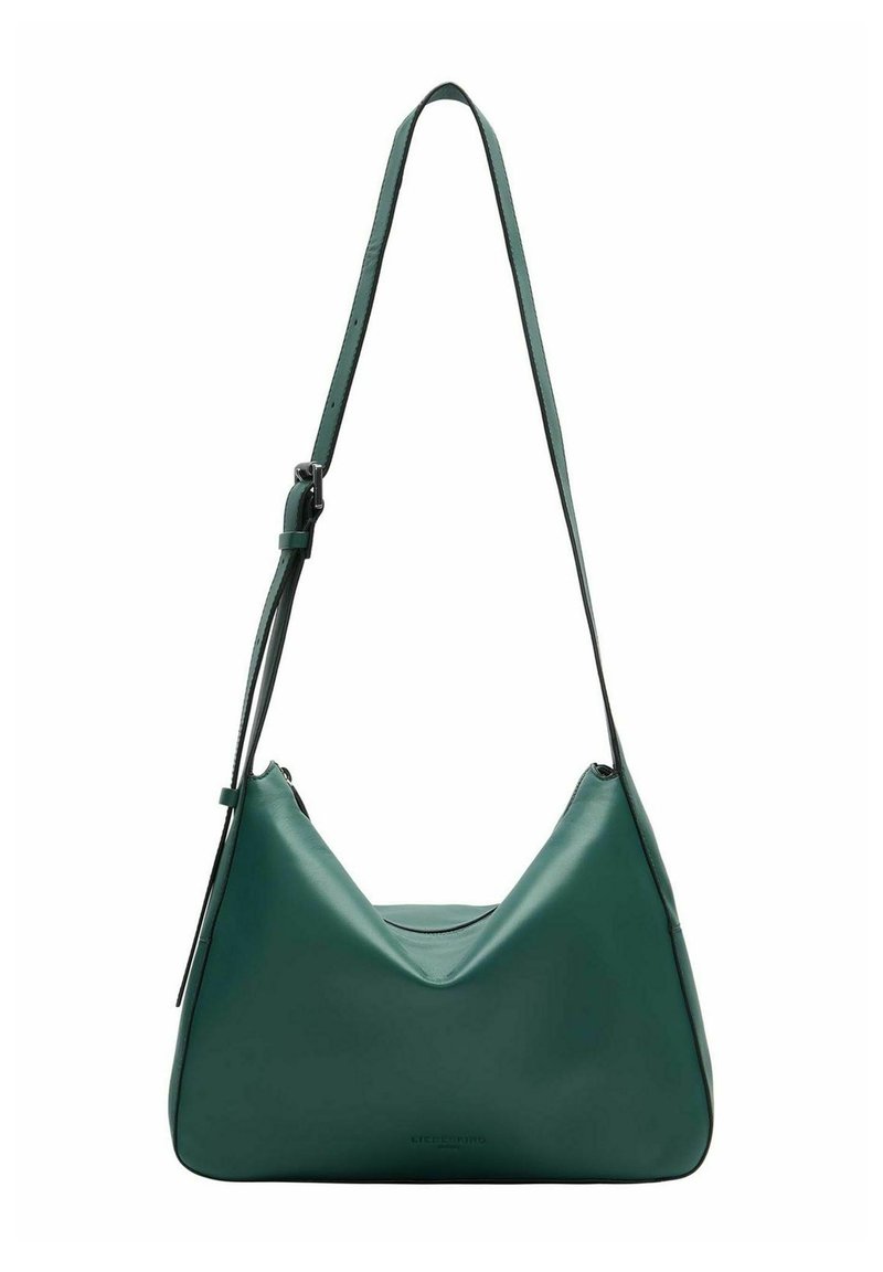 Zielona skórzana torba na ramię z wzorem w kształcie litery V, pojedynczym regulowanym paskiem i gładką fakturą. Wyposażona w zamknięcie na zamek oraz minimalistyczne akcenty.