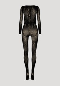 Genomskinlig svart bodysuit med långa ärmar som har ett vågigt mönster och en texturerad yta, designad för att sitta nära kroppen.