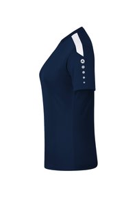 Navyblaue Kurzarm-T-Shirt mit leicht taillierter Form. Verfügt über einen weißen Schulterakzent und silberne kreisförmige Details am Ärmel.