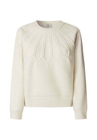 Pull en maille couleur crème avec manches longues, encolure ronde et motif géométrique texturé rayonnant à partir du col.