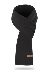 Black knitted scarf with a ribbed texture and a rectangular shape. Features a small branded tag in a light material for detail.