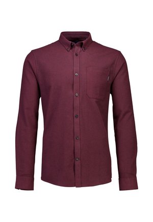 Bordeaux langarm overhemd met knopen, geweven stof, kraag met knopen, borstzak en zwarte knopen, met een rechte zoom.