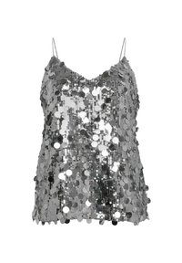 Top in satin con paillettes argentee con spalline sottili, caratterizzato da una vestibilità ampia e da una superficie lucida creata da paillettes circolari riflettenti.