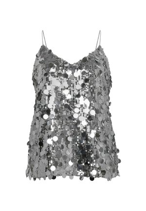 Top in satin con paillettes argentee con spalline sottili, caratterizzato da una vestibilità ampia e da una superficie lucida creata da paillettes circolari riflettenti.